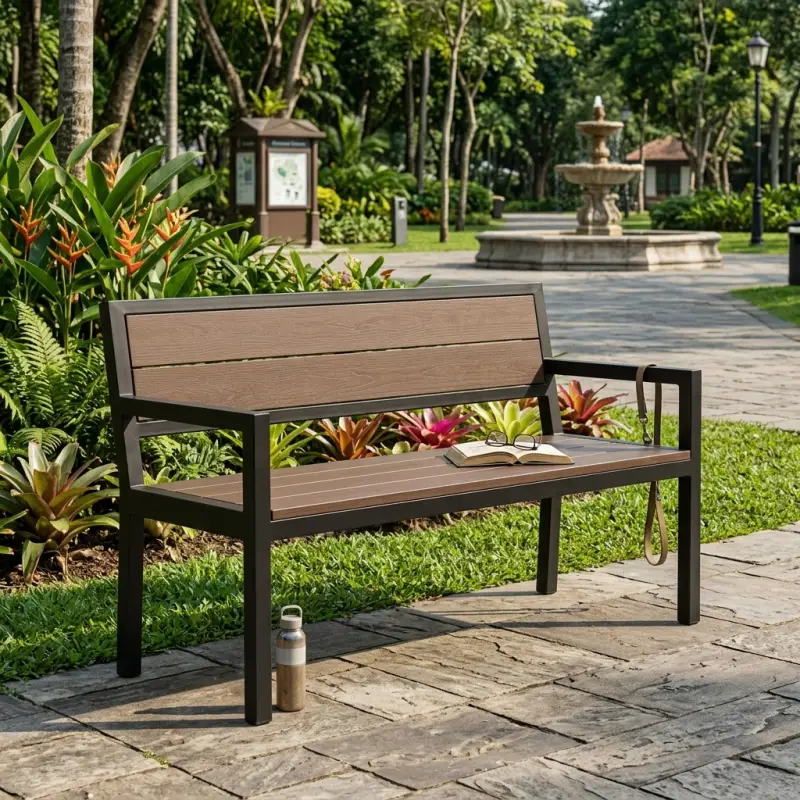 Bangku Taman Besi Kayu dengan Sandaran dan Armrest [2]