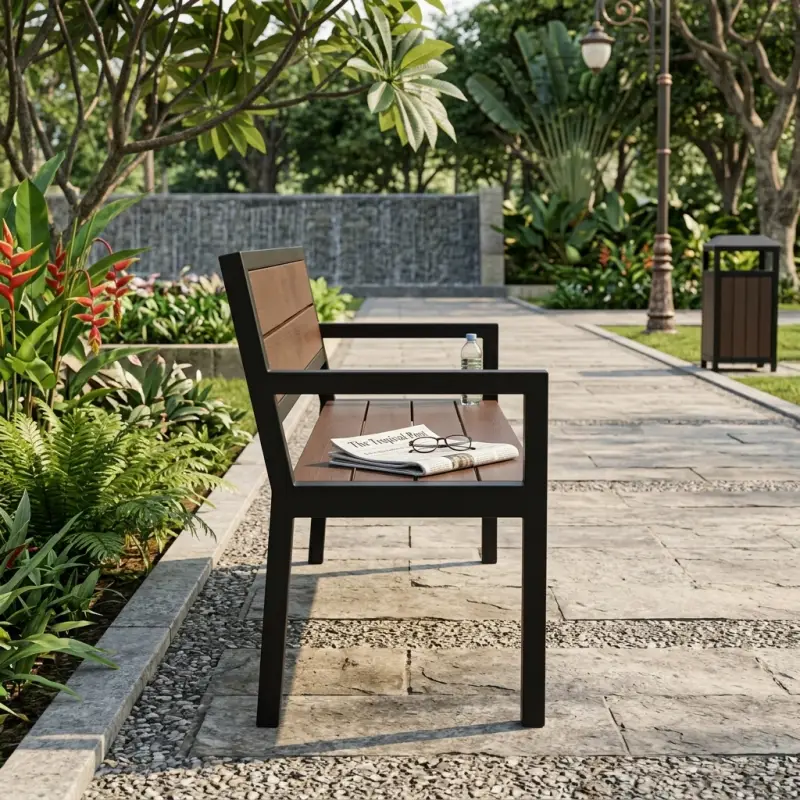 Bangku Taman Besi Kayu dengan Sandaran dan Armrest [3]