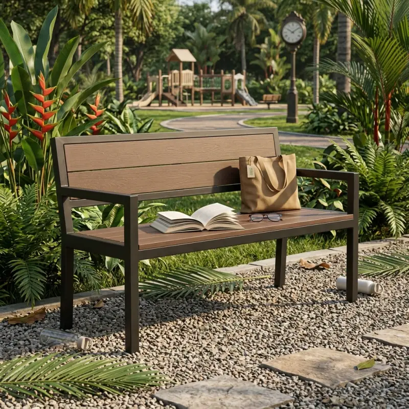 Bangku Taman Besi Kayu dengan Sandaran dan Armrest [5]