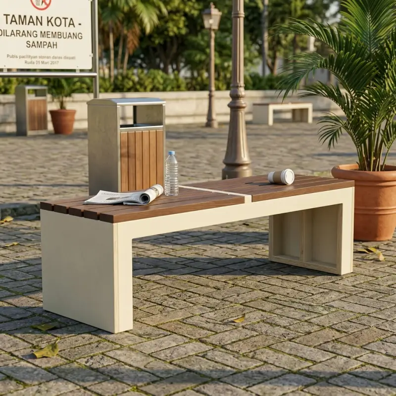 Bangku Taman Kayu Slat dengan Rangka Panel Minimalis [2]
