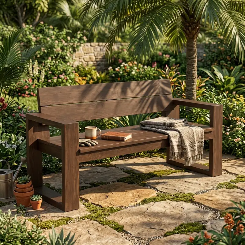 Bangku Taman Kayu Solid Minimalis dengan Sandaran dan Armrest [3]
