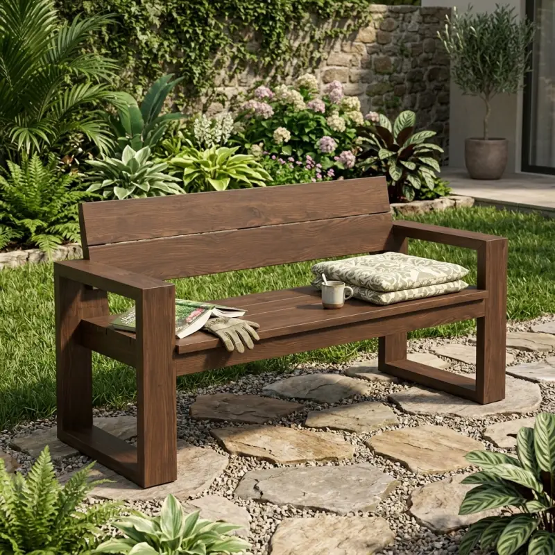 Bangku Taman Kayu Solid Minimalis dengan Sandaran dan Armrest [4]