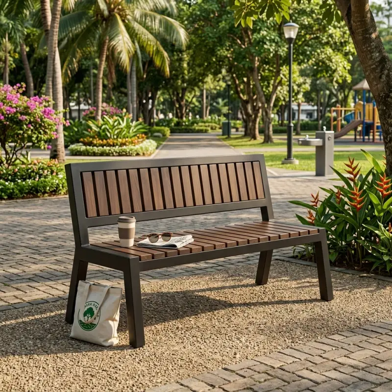 Bangku Taman Rangka Besi Finishing Powder Coat dengan Dudukan Slat Kayu [2]