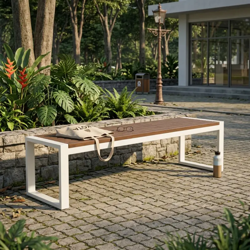 Bangku Taman Rangka Besi Finishing Putih Dudukan Kayu Slat [4]