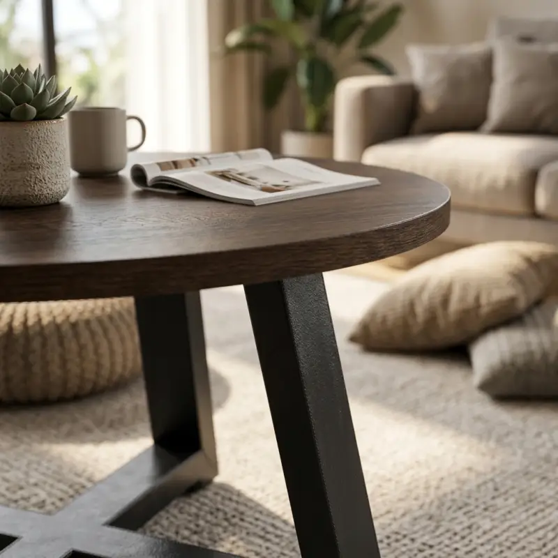 Coffee Table Bulat Top Kayu Kaki Besi A-Frame [3]