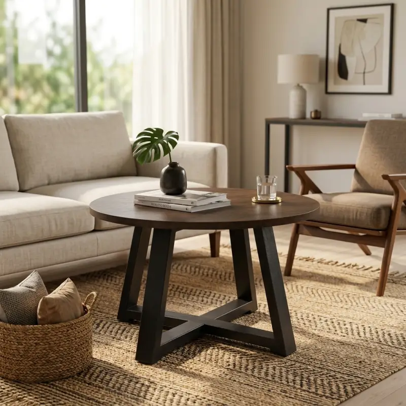 Coffee Table Bulat Top Kayu Kaki Besi A-Frame [4]