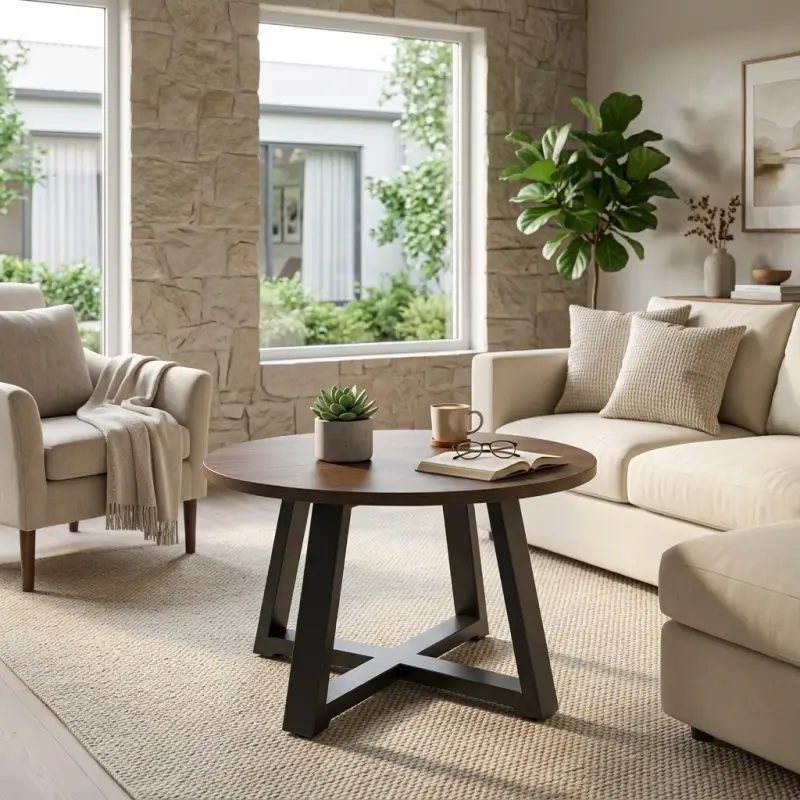 Coffee Table Bulat Top Kayu Kaki Besi A-Frame [6]