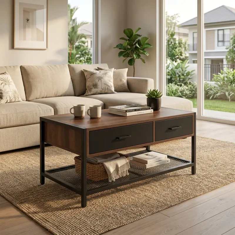 Coffee Table Industrial Kayu 2 Laci Rangka Besi Rak Mesh [2]