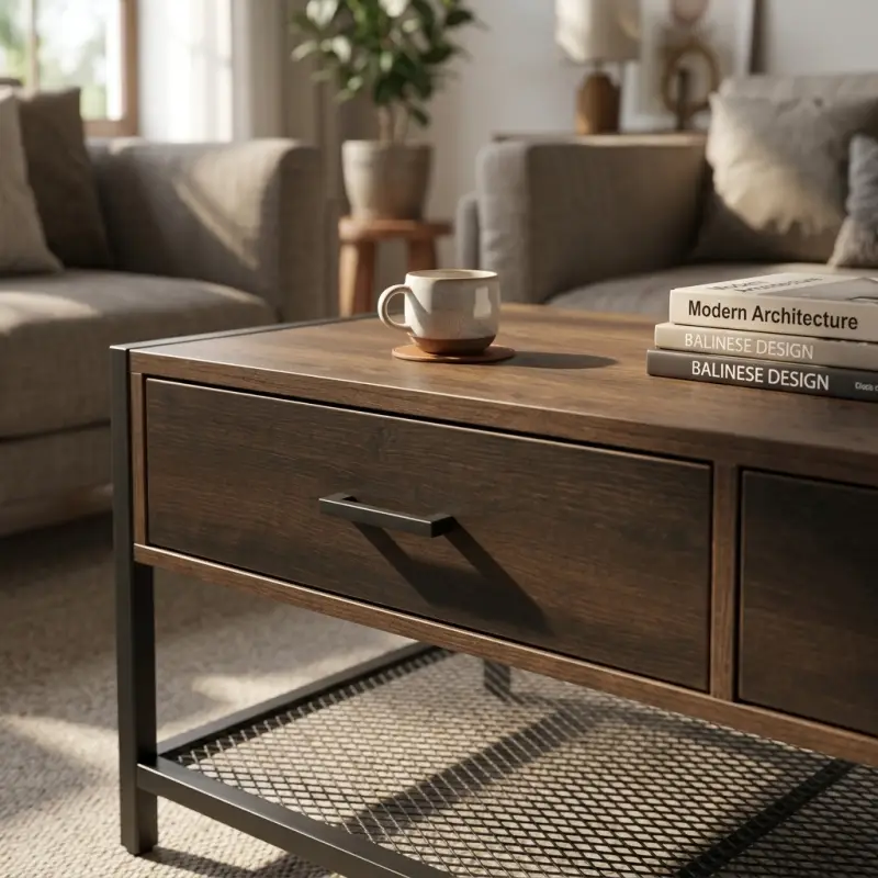 Coffee Table Industrial Kayu 2 Laci Rangka Besi Rak Mesh [3]