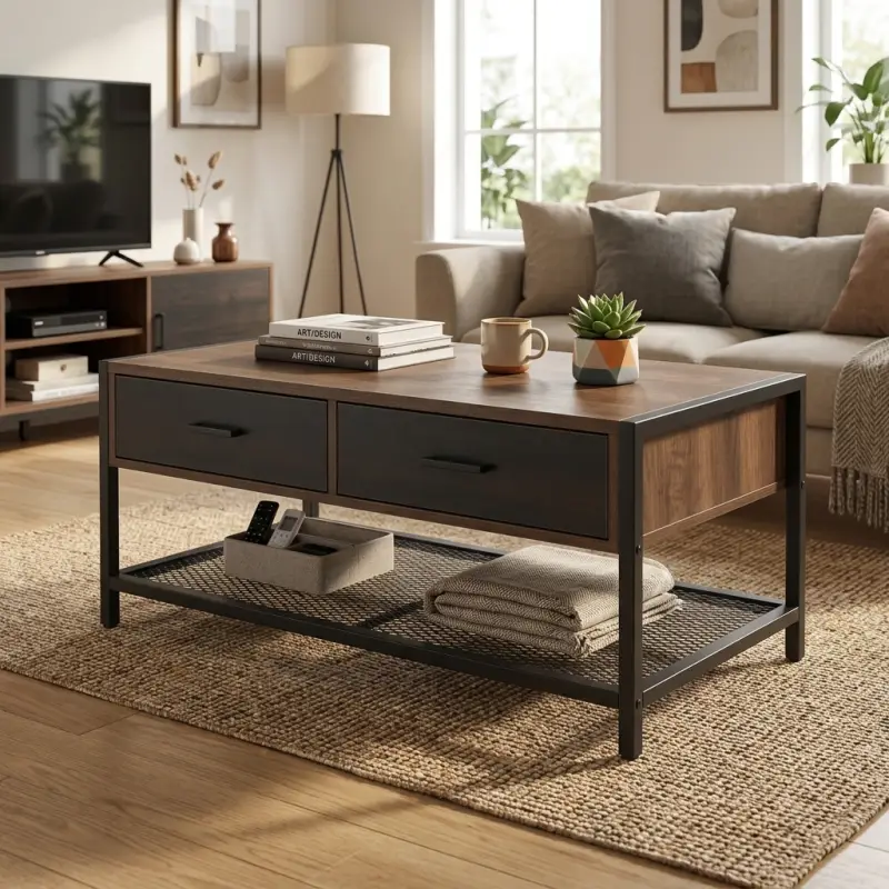 Coffee Table Industrial Kayu 2 Laci Rangka Besi Rak Mesh [4]