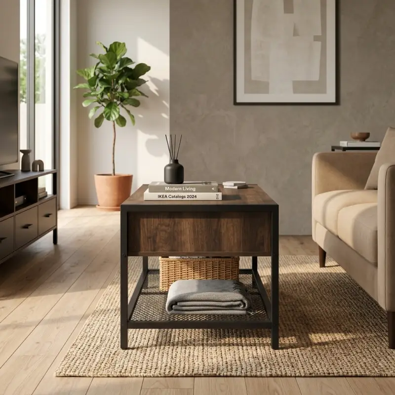 Coffee Table Industrial Kayu 2 Laci Rangka Besi Rak Mesh [5]