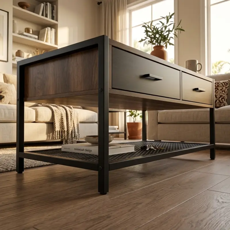 Coffee Table Industrial Kayu 2 Laci Rangka Besi Rak Mesh [6]