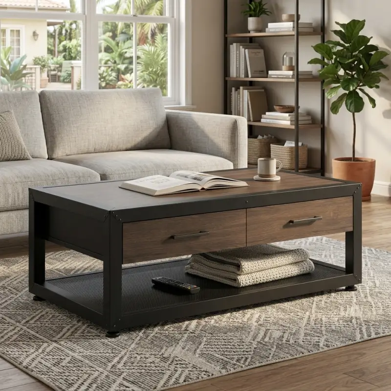 Coffee Table Industrial Kayu Besi dengan Laci dan Rak Penyimpanan [2]