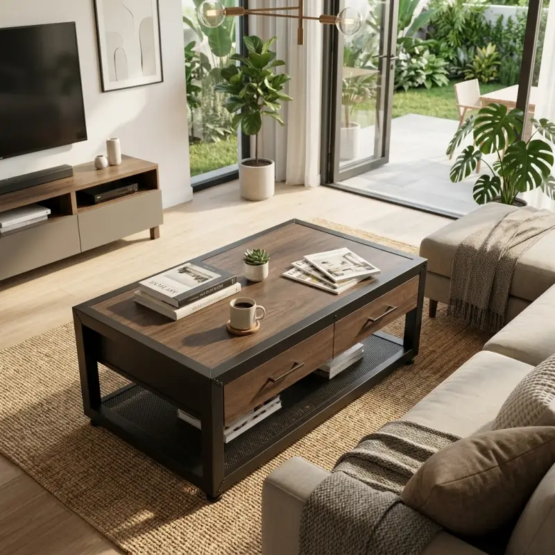 Coffee Table Industrial Kayu Besi dengan Laci dan Rak Penyimpanan [3]