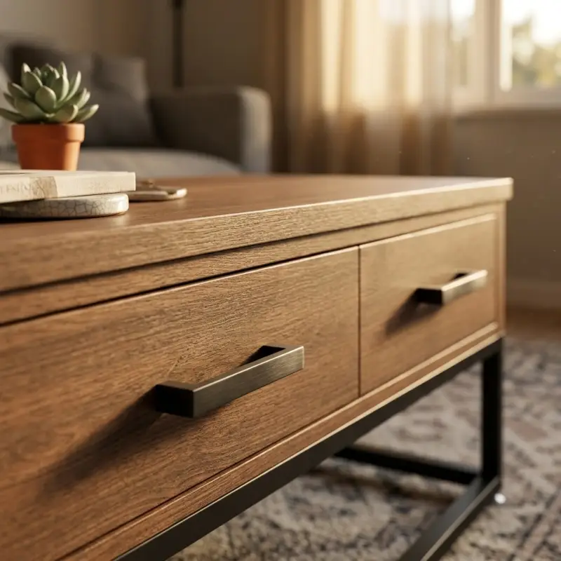Coffee Table Kayu 2 Laci Kaki Besi Industrial [3]