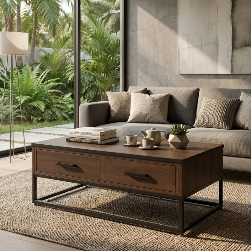 Coffee Table Kayu 2 Laci Kaki Besi Industrial [4]