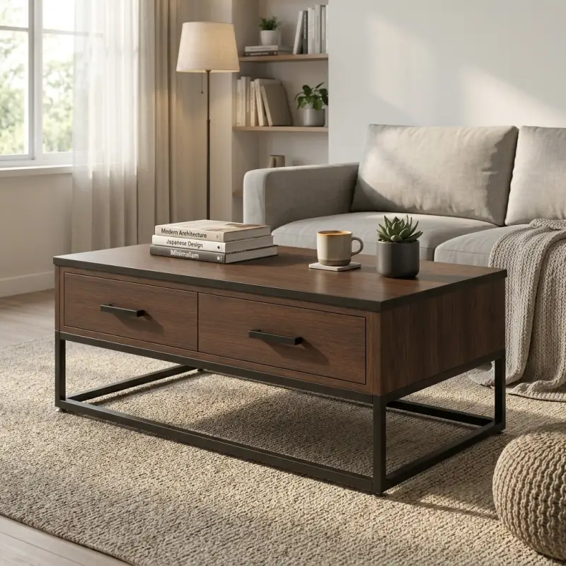 Coffee Table Kayu 2 Laci Kaki Besi Industrial [5]