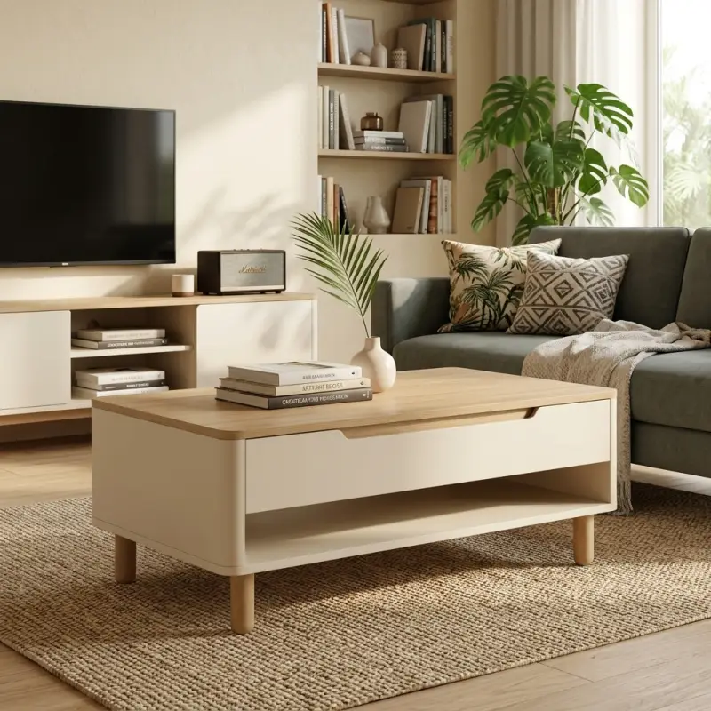 Coffee Table Kayu dengan Laci dan Rak Terbuka [5]