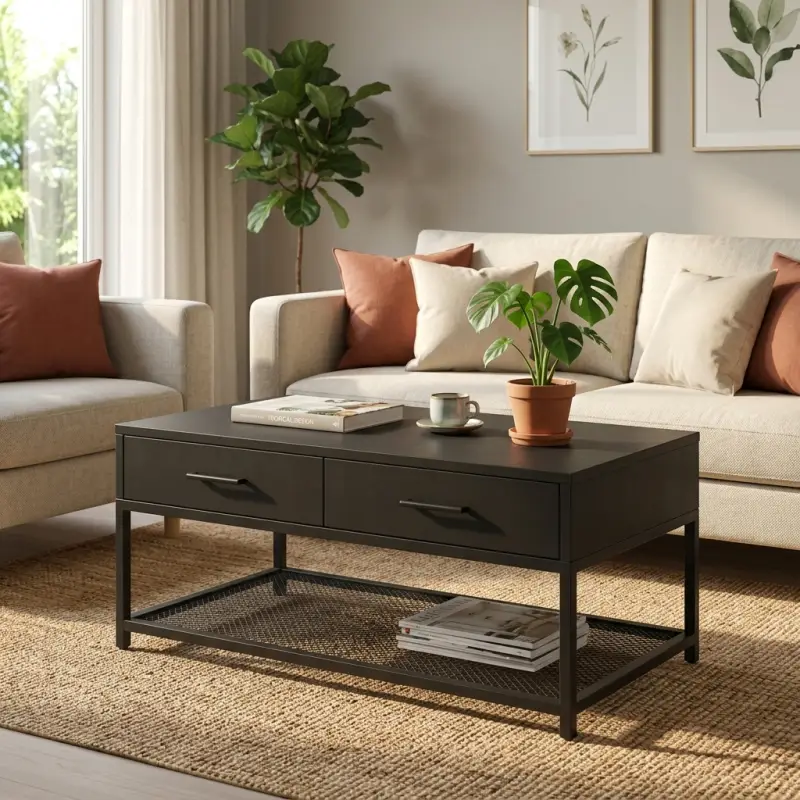 Coffee Table Kayu Laci Ganda Rangka Besi Industrial [2]