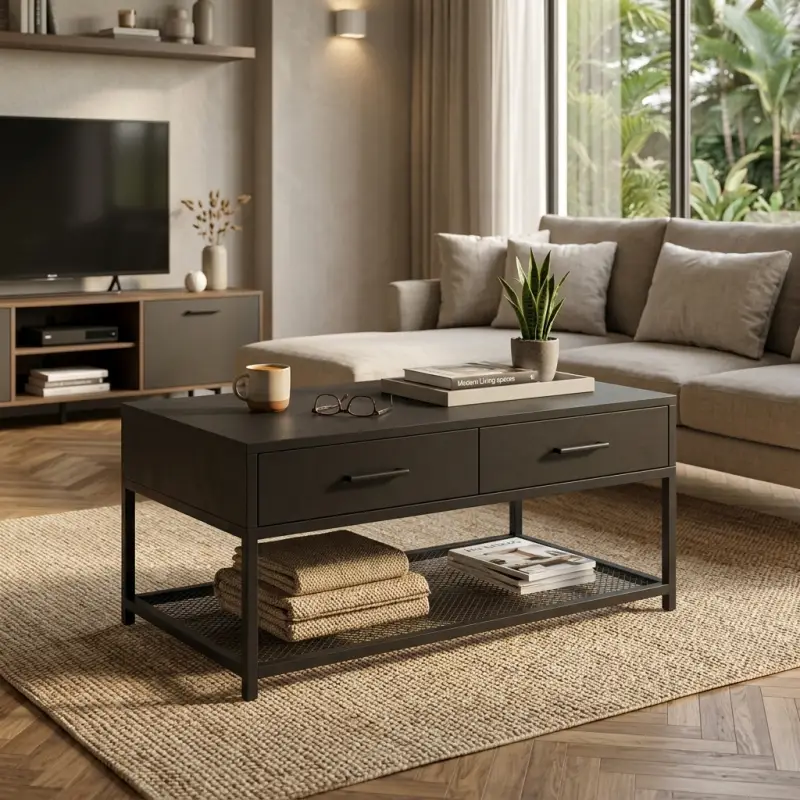 Coffee Table Kayu Laci Ganda Rangka Besi Industrial [4]