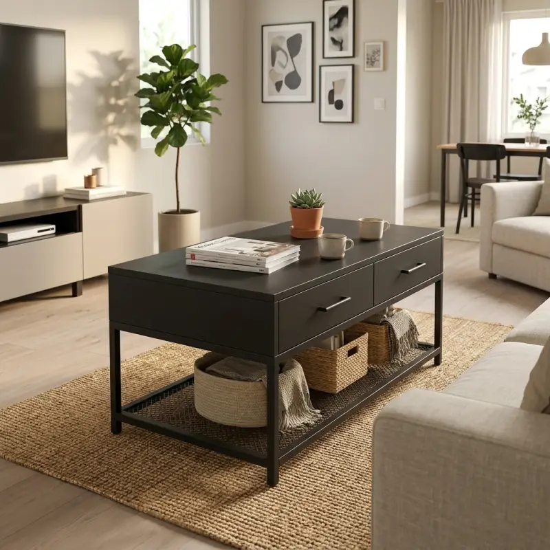 Coffee Table Kayu Laci Ganda Rangka Besi Industrial [5]