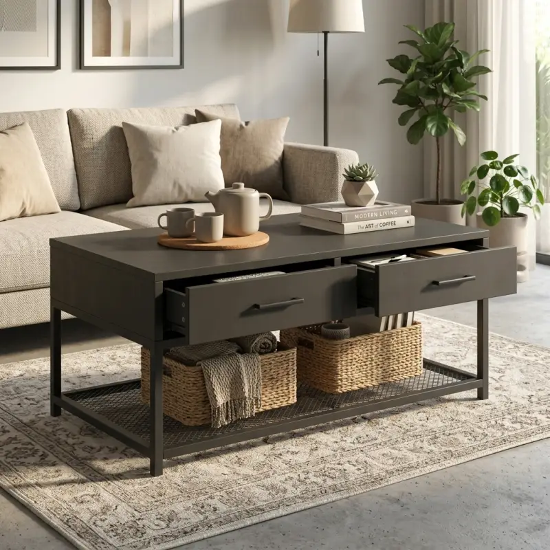 Coffee Table Kayu Laci Ganda Rangka Besi Industrial [6]