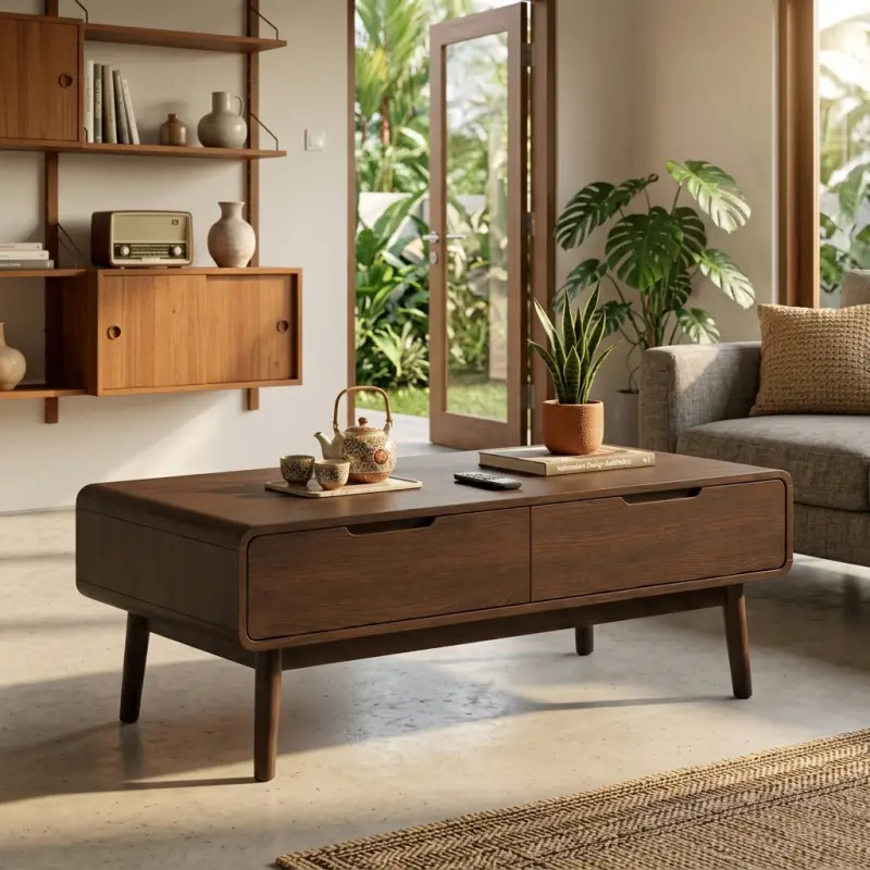 Coffee Table Kayu Skandinavia dengan Laci Tersembunyi [2]