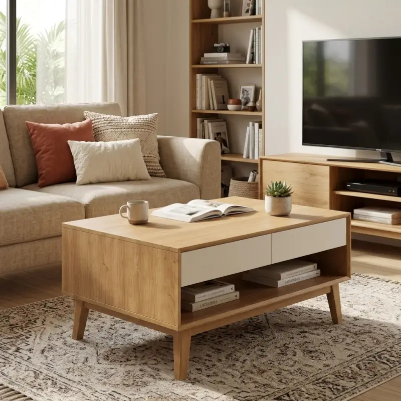 Coffee Table Kayu Skandinavian dengan Laci dan Rak Terbuka [4]