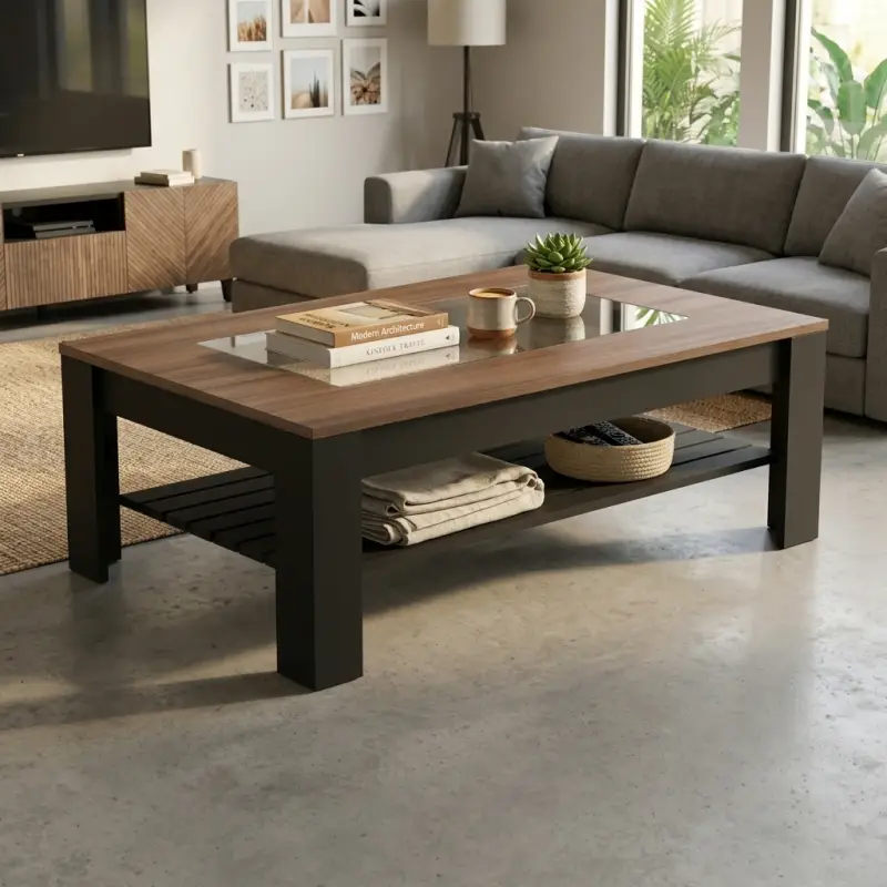 Coffee Table Kayu Walnut Top Kaca dengan Rak Bawah [2]