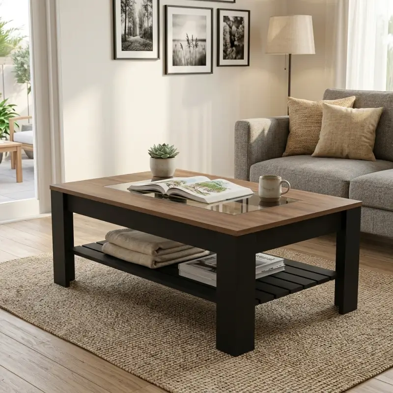 Coffee Table Kayu Walnut Top Kaca dengan Rak Bawah [3]
