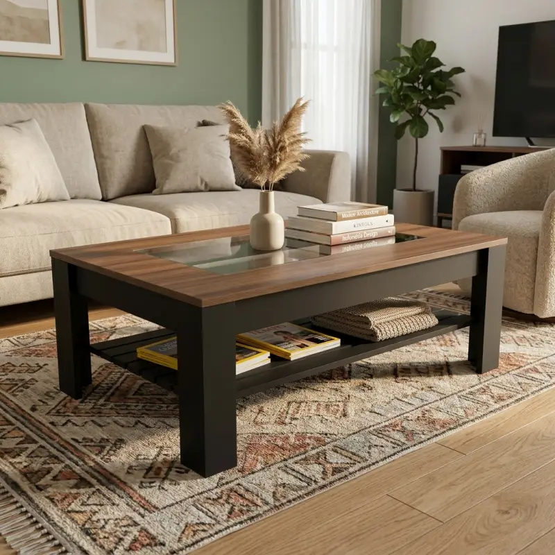 Coffee Table Kayu Walnut Top Kaca dengan Rak Bawah [4]