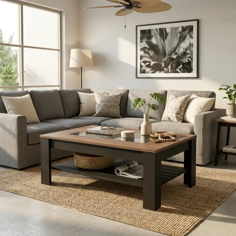 Coffee Table Kayu Walnut Top Kaca dengan Rak Bawah [6]