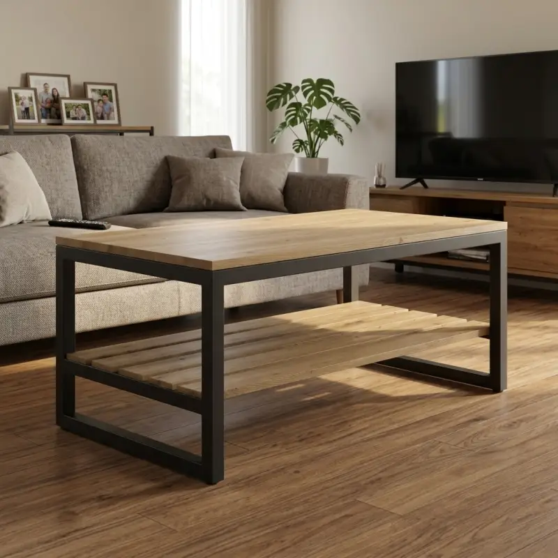 Coffee Table Rangka Besi dengan Rak Kayu Solid Dua Tingkat [2]