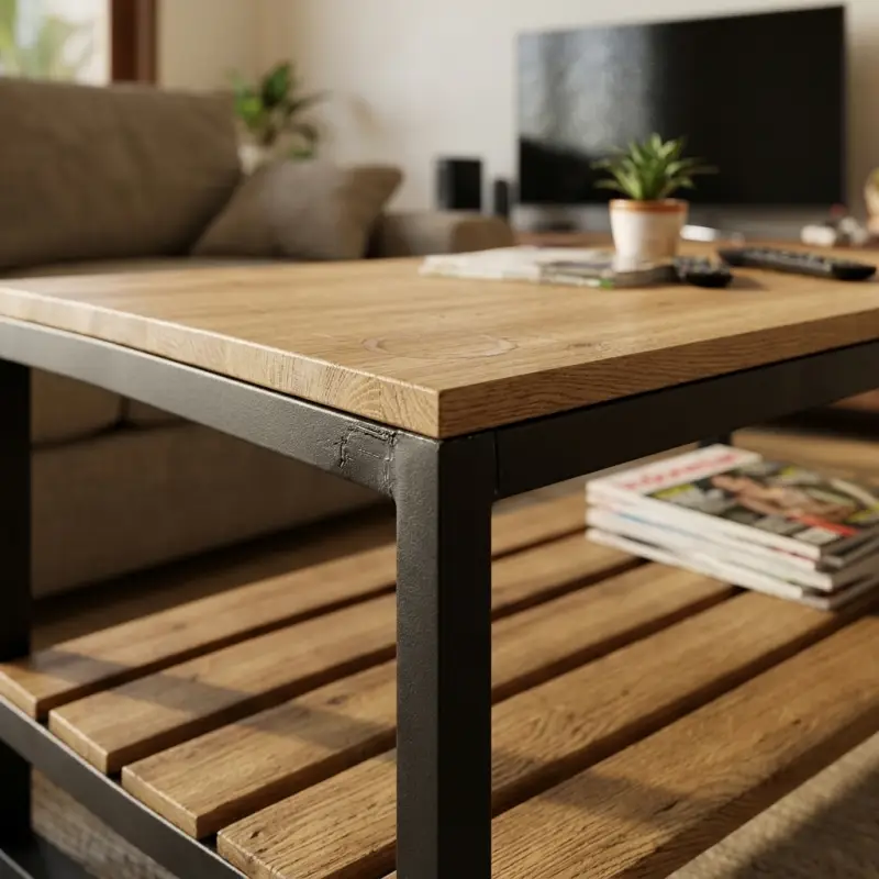 Coffee Table Rangka Besi dengan Rak Kayu Solid Dua Tingkat [6]