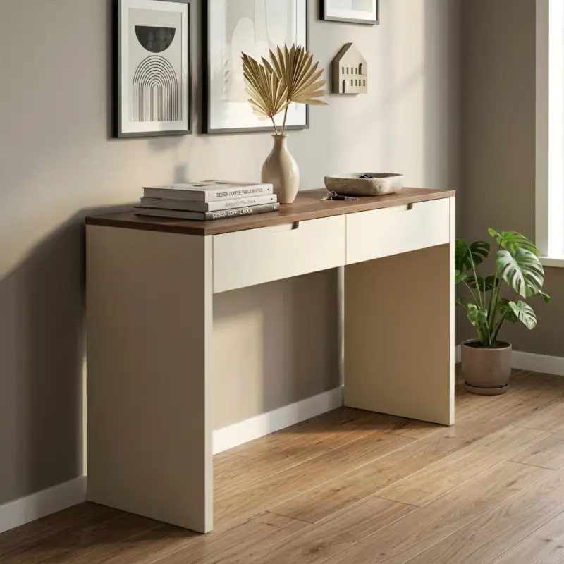 Console Table 2 Laci Top Walnut Finishing Doff Putih [3]