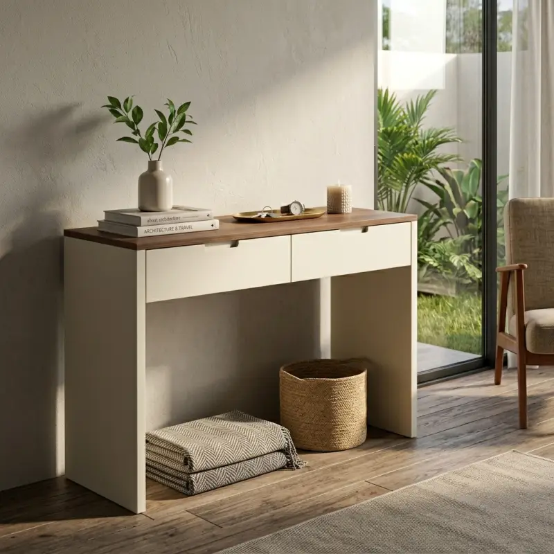 Console Table 2 Laci Top Walnut Finishing Doff Putih [5]