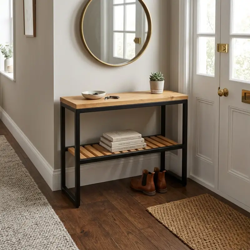 Console Table Besi Kayu dengan Rak Bawah Berlat [2]
