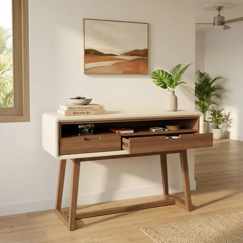 Console Table Kayu 2 Laci Gaya Mid-Century Modern [4]