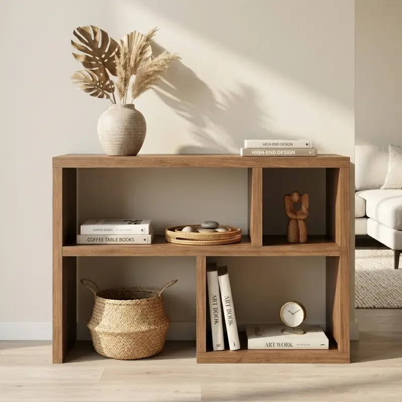 Console Table Kayu dengan Rak Terbuka Asimetris [2]