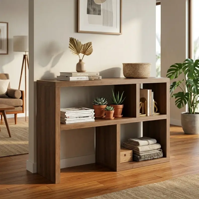 Console Table Kayu dengan Rak Terbuka Asimetris [4]