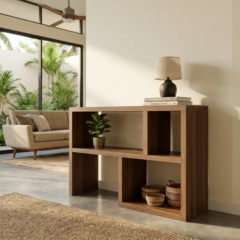 Console Table Kayu dengan Rak Terbuka Asimetris [5]