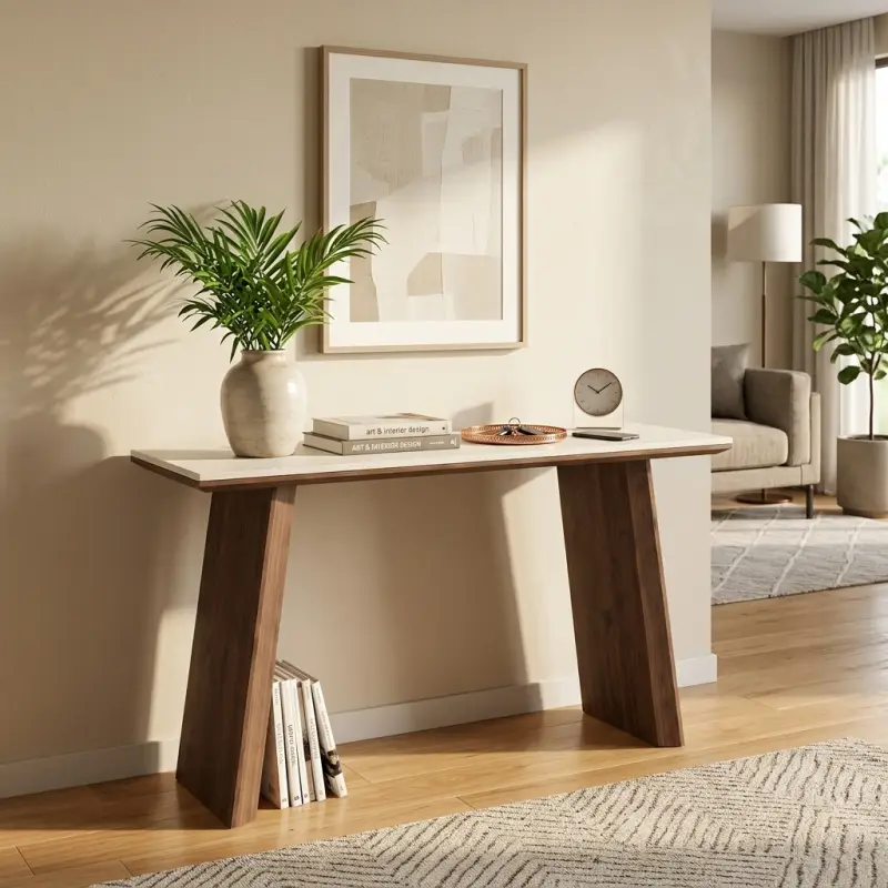 Console Table Top Batu Travertine Kaki Panel Kayu Walnut [2]