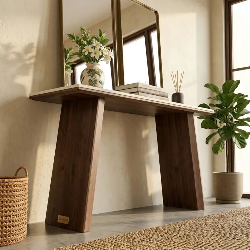 Console Table Top Batu Travertine Kaki Panel Kayu Walnut [3]