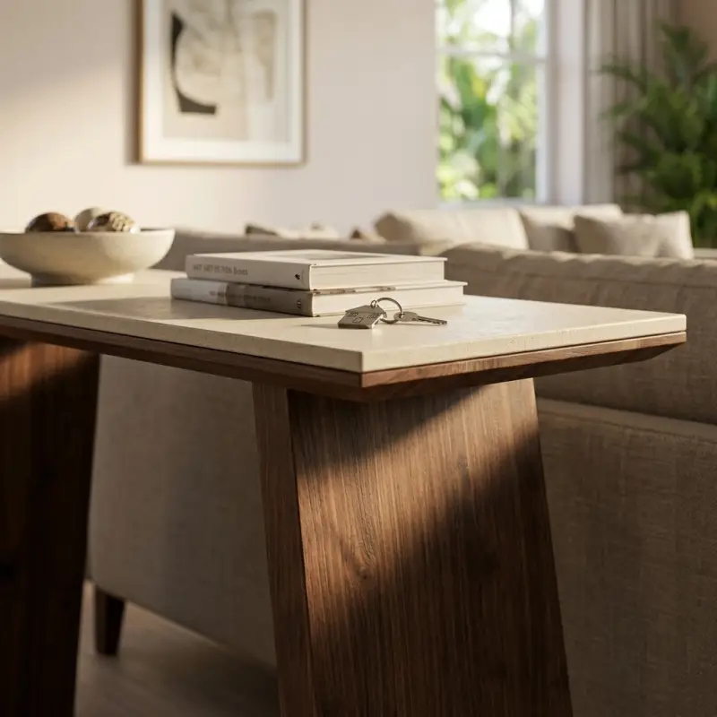 Console Table Top Batu Travertine Kaki Panel Kayu Walnut [5]