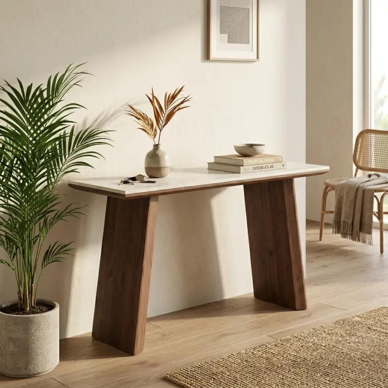 Console Table Top Batu Travertine Kaki Panel Kayu Walnut [6]