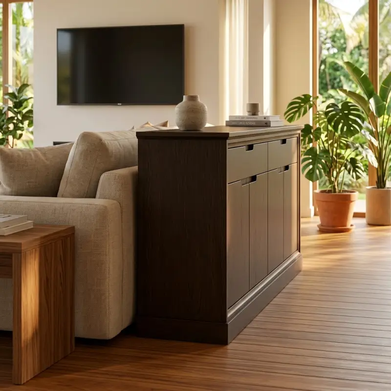 Credenza Kayu 4 Pintu dengan Laci — Lemari Sideboard Ruang Tamu & Lounge [3]