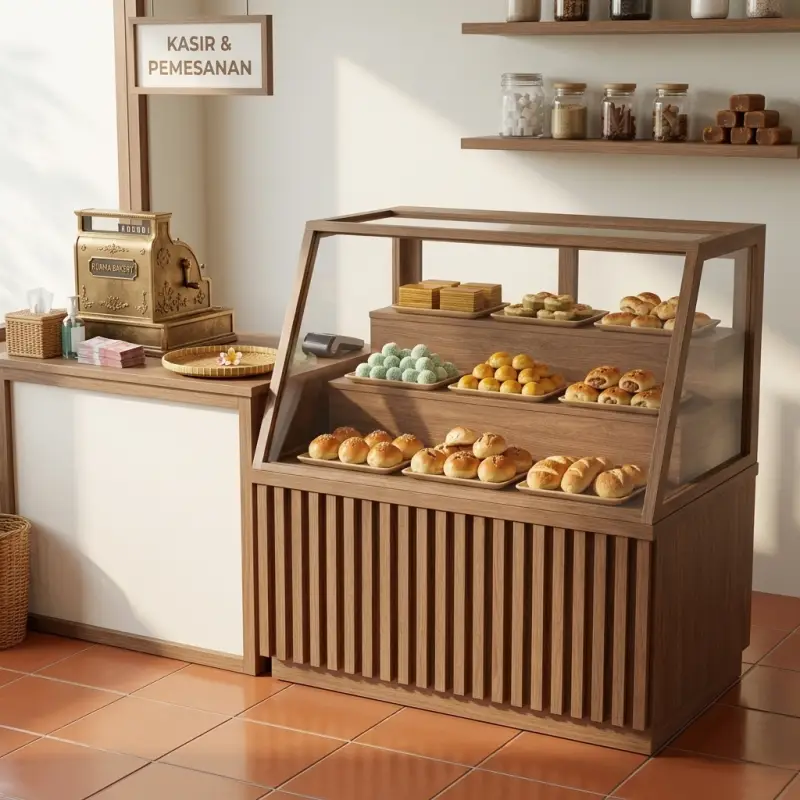 Etalase Display Pastry Kayu Bertingkat dengan Kaca [4]