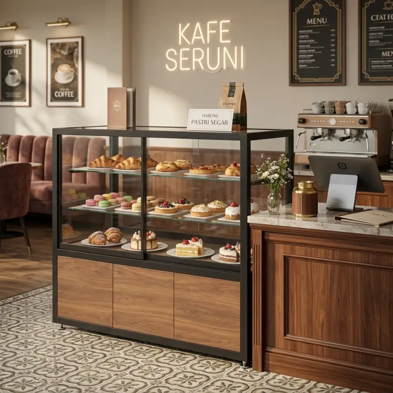 Etalase Display Pastry Rangka Besi Finishing Walnut [3]