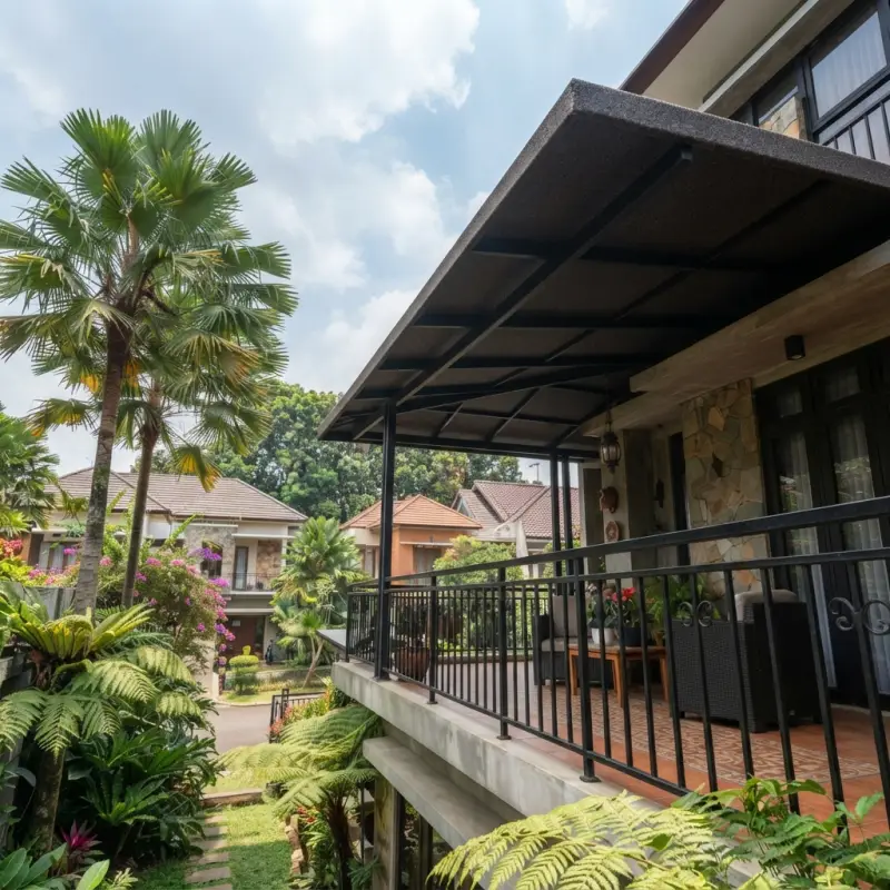 Kanopi Balkon Baja Hitam Atap Panel Datar Gaya Tropis Modern [2]