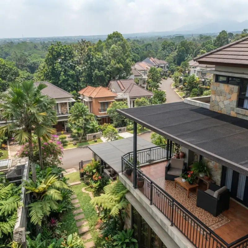 Kanopi Balkon Baja Hitam Atap Panel Datar Gaya Tropis Modern [4]